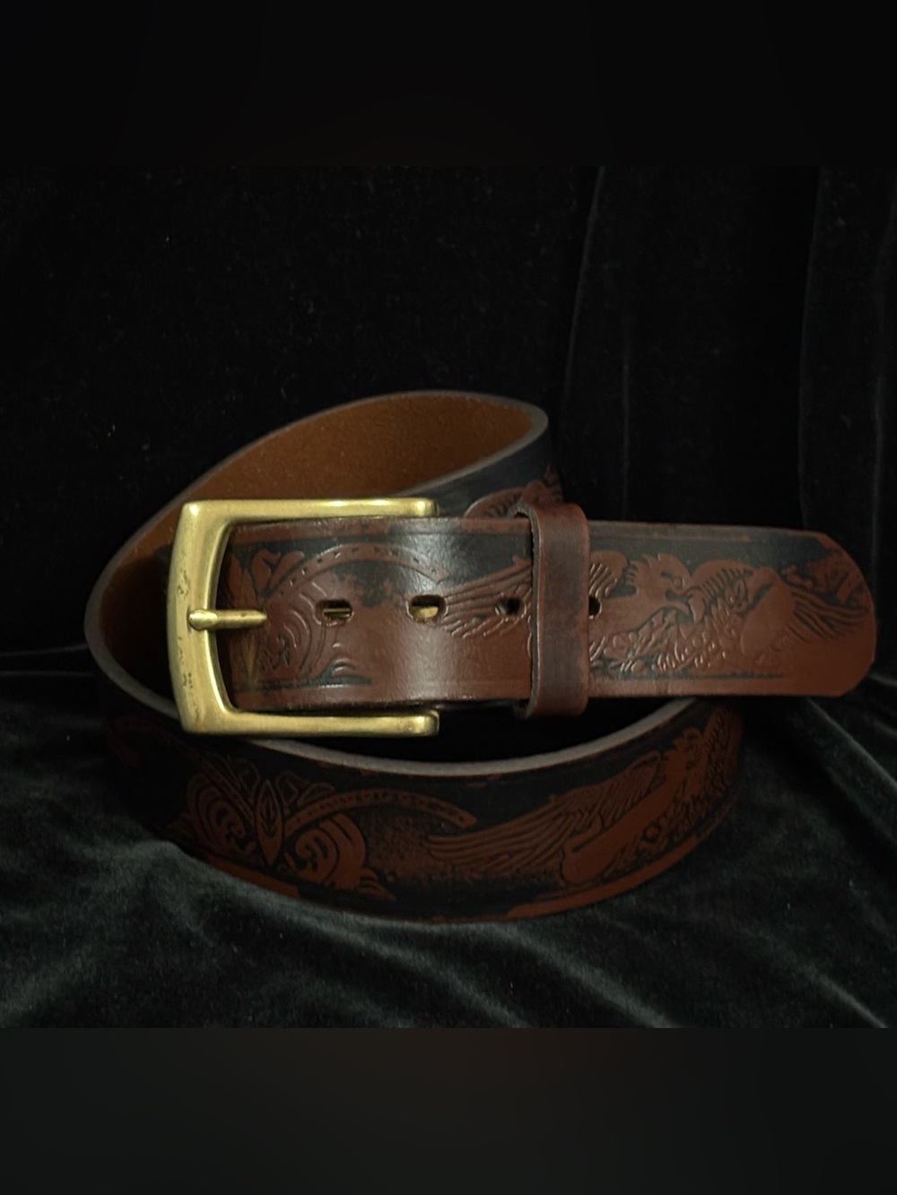 WRANGLER Embossed Eagle Pattern Leather Men’s Belt Brass-toned Buckle Sz 40/100